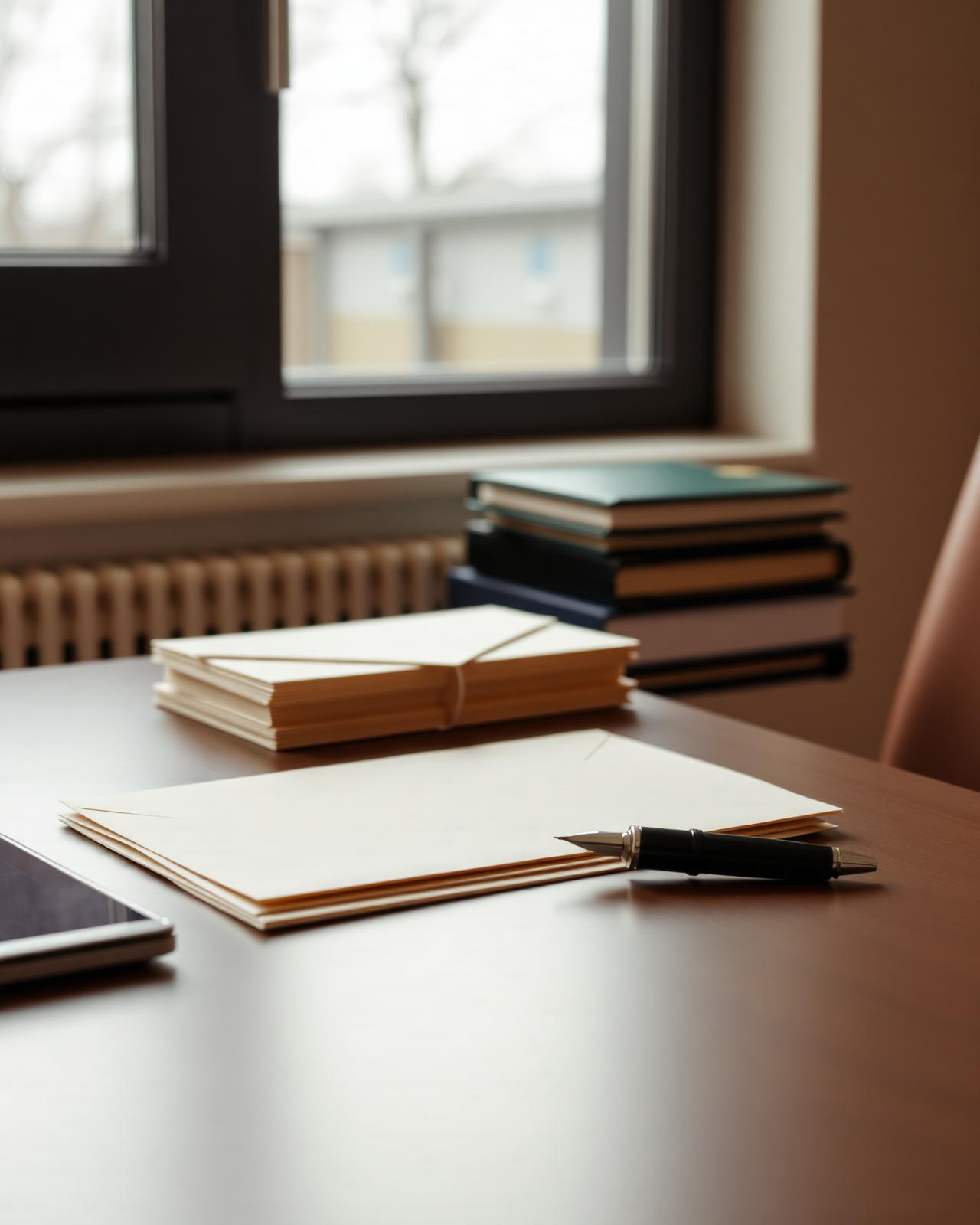Bureau met officiële enveloppen en een vulpen bij daglicht