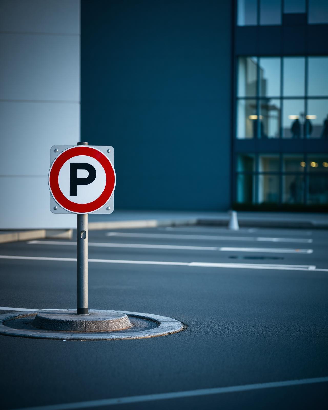 Parkeerverbodsbord bij een leeg parkeervak in een stedelijke omgeving