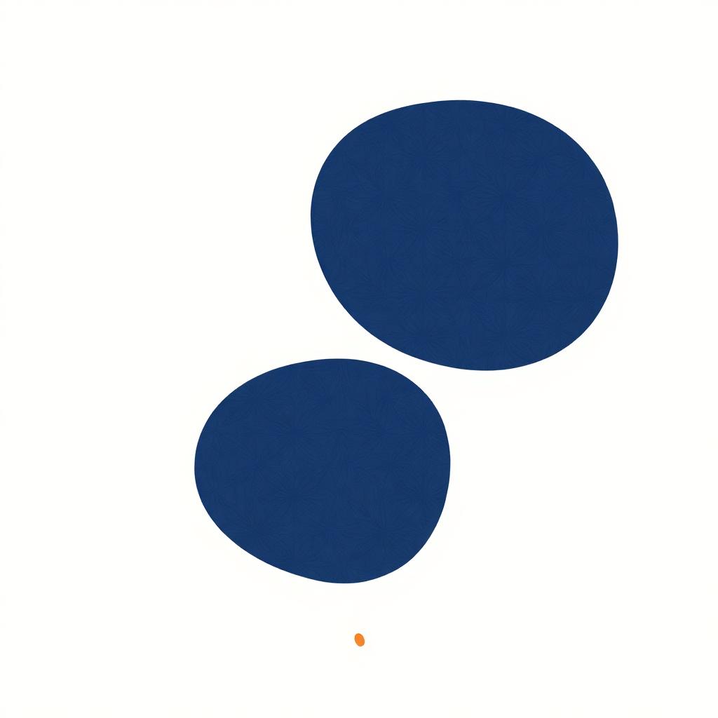 Abstracte rustige compositie van twee zachte navy vormen met een fijn oranje accent.